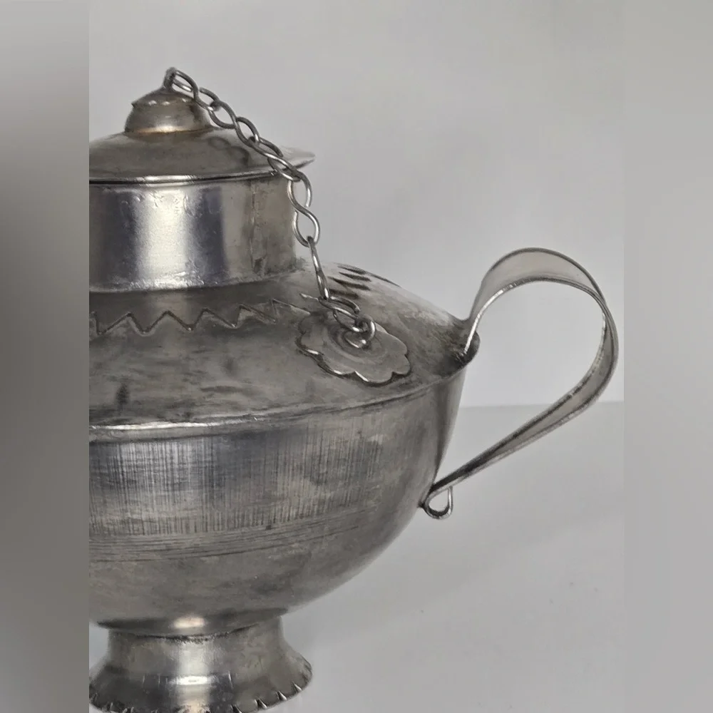 Vintage Handcrafted Metal Teapot Kettle w/ Lid & Chain – Rustic Folk Art